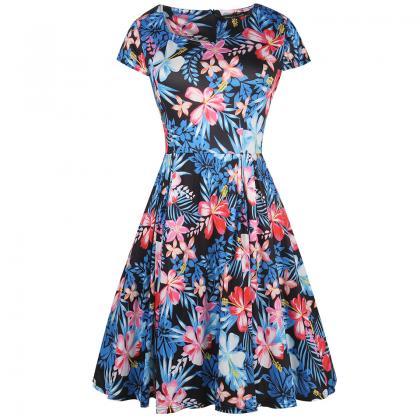 Women Retro Dress V Neck Short Slee..