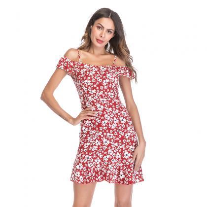 Women Floral Print Dress Summer Ruffle Off..