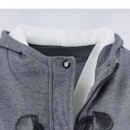 Women Parka Jacket Hooded Solid Warm Horns Buckle..