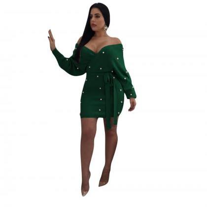 Women Bodycon Dress Pearls Off Shou..