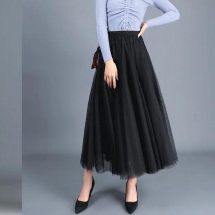 Women Long Tulle Mesh Skirt Elastic..