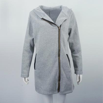 Women Long Coat Autumn Winter Patchwork Zipper..