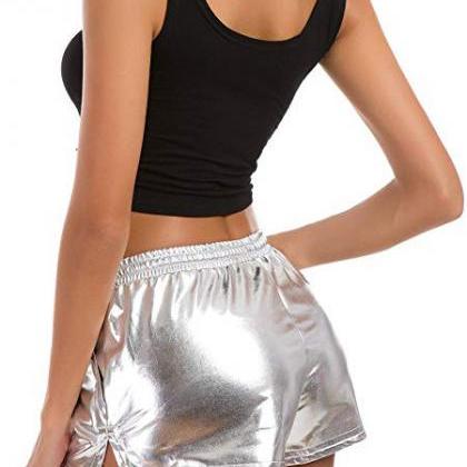 Women Metallic Shorts Shiny Drawstr..