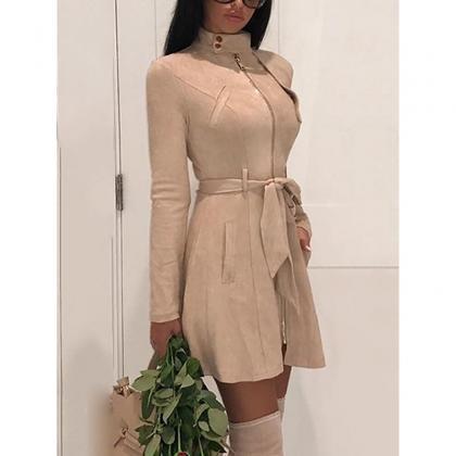 Women Faux Suede Trench Coat Spring..