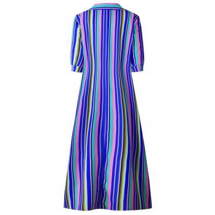 Women Striped Maxi Dress Short Sleeve Button Floor..