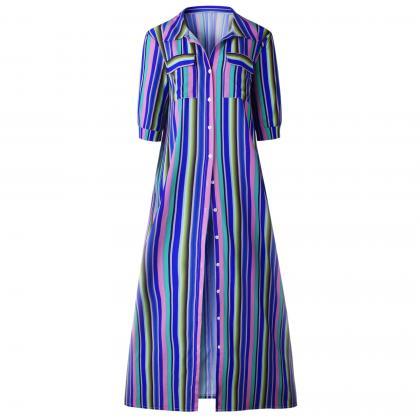 Women Striped Maxi Dress Short Sleeve Button Floor..