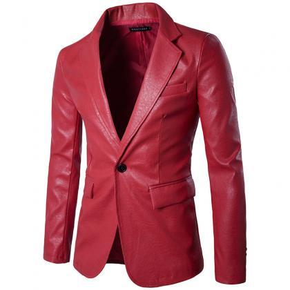 Men Blazer Jacket PU Leather Slim F..