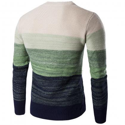 Men Knitted Sweater O Neck Striped Patchwork..