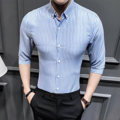 Men Striped Shirt Summer Turn-down Collar 3/4..