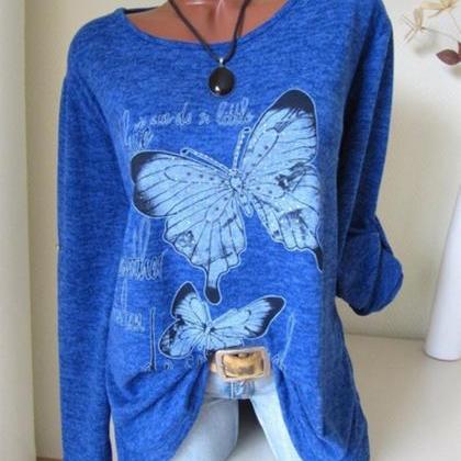 Women Long Sleeve T Shirt Spring Butterfly Printed..