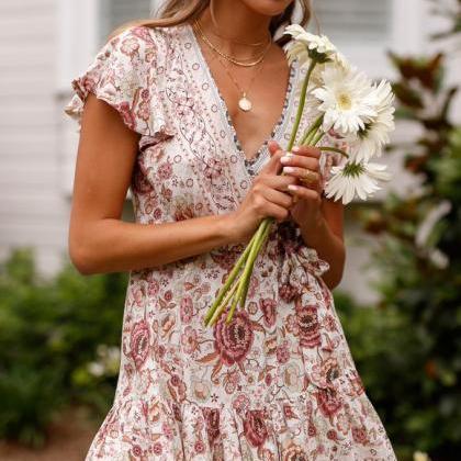  Women Floral Printed Dress Ruffle ..