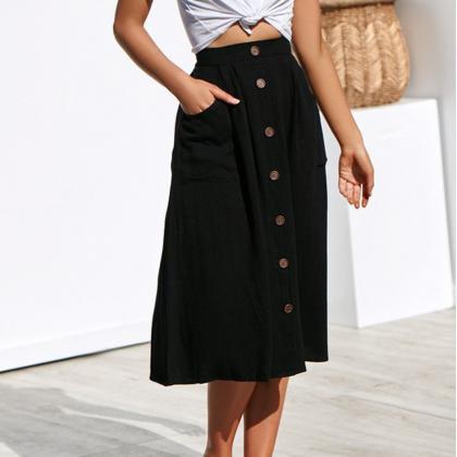 Women A-line Skirt High Waist Summer Casual Button..