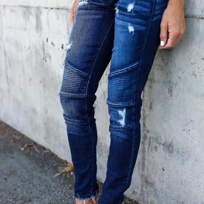 Women Skinny Jeans Mid Waist Stretch Pleated Slim..