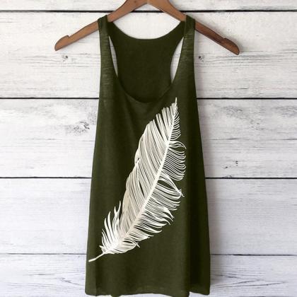 Women Tank Top Feather Printed Summer Casual Loose..