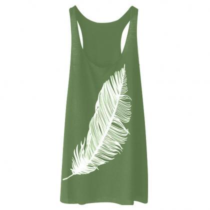 Women Tank Top Feather Printed Summer Casual Loose..