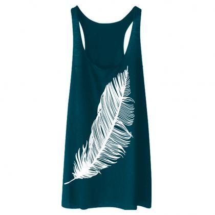  Women Tank Top Feather Printed Sum..