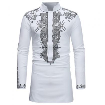 Men African Dashiki Printed Shirt Stand Collar..