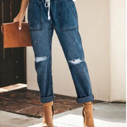 Women Jeans Drawstring High Waist R..