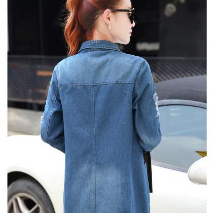 Women Long Sleeve Fashion Outwear Blue Denim Long..