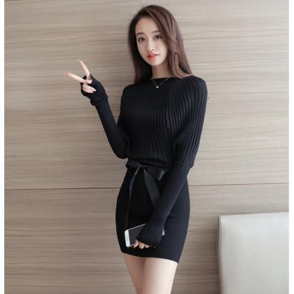Womens Long Sleeves Belt Knitted Sweater Wrap..