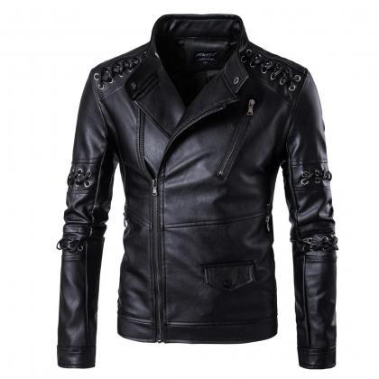Design Men Pu Leather Jackets Stand Collarlong..