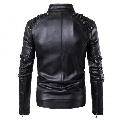 Design Men Pu Leather Jackets Stand Collarlong..
