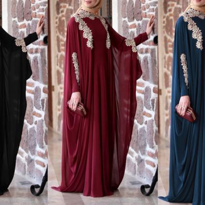  Women Muslim Dress Solid Lace Plus..