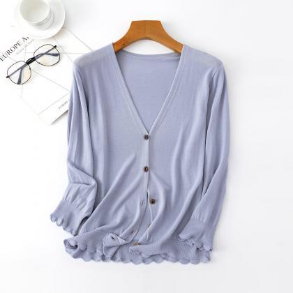 Spring Cardigan Women V-neck Button Down Dropped..