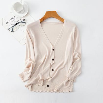 Spring Cardigan Women V-neck Button Down Dropped..