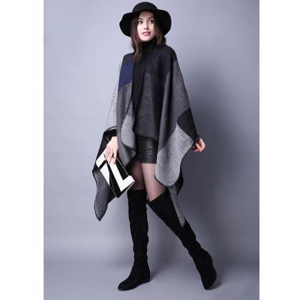 Women Lady Faux Cashmere Scarf Plaid Poncho Cape..