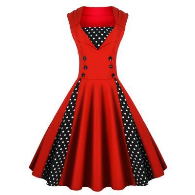 Women S-5XL 50s 60s Retro Vintage Dress Polka Dot Patchwork Sleeveless Casual Dress Rockabilly Swing Short Party Dress red Color