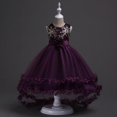 Short Front Long Back High Low Flower Girls Junior Wedding Dresses Kids Trailing Party Prom Gowns Children Clothing plum