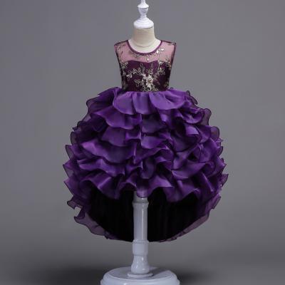 Short Front Long Back High Low Lace Flower Girls Dress Ruffles Junior Kids Tailing Party Pageant Gowns Children Clothes purple