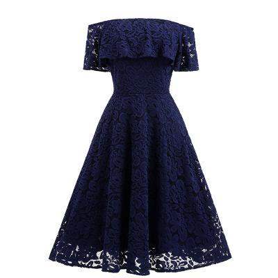 Women Ruffles Lace Dress Off the Shoulder Cocktail Party Gown Female Vintage Big Swing A Line Dress navy blue