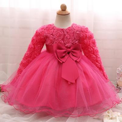 Toddler Girl Dress Newborn Baby Kids Lace Long Sleeve Infant Ball Gown Flower Girl Dress Bow Children Clothes hot pink