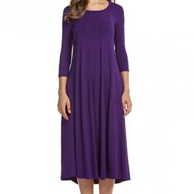 Purple O-Neck Midi Swing Dress with Long Sleeves