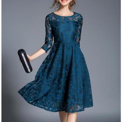Vintage Floral Lace Dress Women 3/4 Sleeve O Neck A Line Work Casual Party Dress teal 
