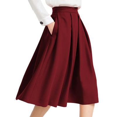 Burgundy High Rise Pleated A-Line Knee Length Skirt Featuring Pockets 