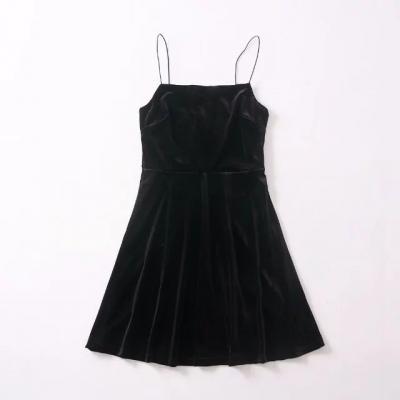 Black Velvet Straight-Across Spaghetti Straps Short Skater Dress