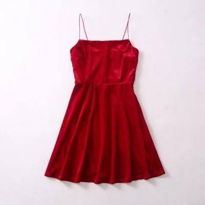 Red Velvet Straight-Across Spaghetti Straps Short Skater Dress