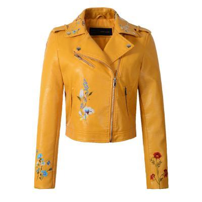 New Spring Women Faux PU Leather Jacket Lady Slim Floral Embroidery Zippers Motorcycle Coat Outerwear yellow