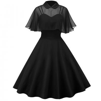 Vintage Hepburn 50 60s Casual Dress Doll Collar Butterfly Sleeve Cloak Big Swing Cocktail Party Dress black