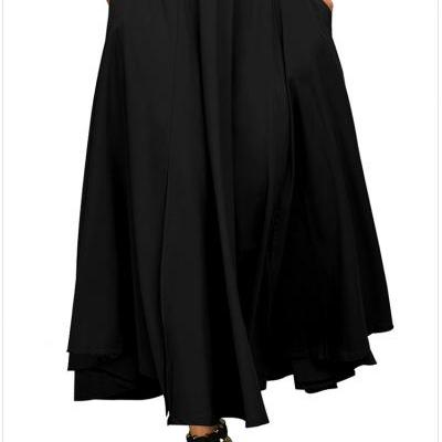 Womens Solid Long Maxi Skirt High Waist Pockets Pleated Swing Asymmetrical A Line Skirt black