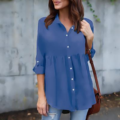Chiffon Women Blouse Button Long Sleeve Casual Plus Size Ladies Office Shirts Tops blue