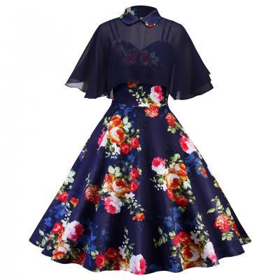 Vintage Cape Floral Dress Women Cloak Sleeve Two Piece Summer Formal Party Dress navy blue