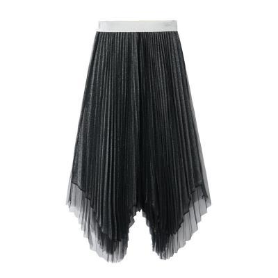 Women Midi Skirt Summer Asymmetrical High Waist Shiny A-Line Long Tulle Pleated Skirt black