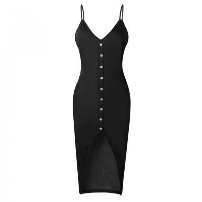 Women Bodycon Dress Front Split Casual Spaghetti Strap Sleeveless Button Skinny Fit Club Party Dress black