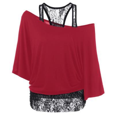 Plus Size T Shirt Women Summer 2pcs Sets Batwing Sleeve Skew Collar Casual Loose Lace Tank Tops Tees red