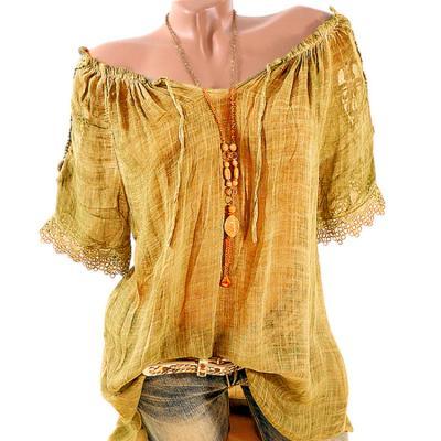 Women Lace Patchwork T-Shirt Summer Short Sleeve Casual Loose Plus Size Off the Shoulder Top Blouse dark yellow