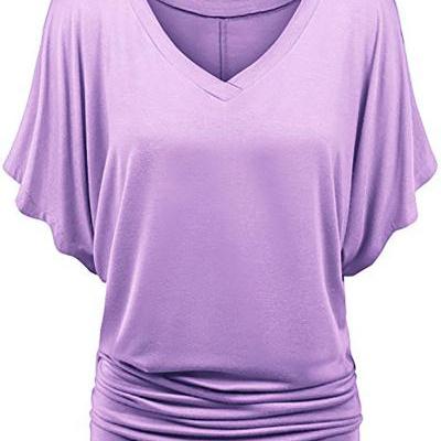 Women T Shirt V Neck Batwing Half Sleeve Oversized Summer Casual Loose Plus Size Tops lilac